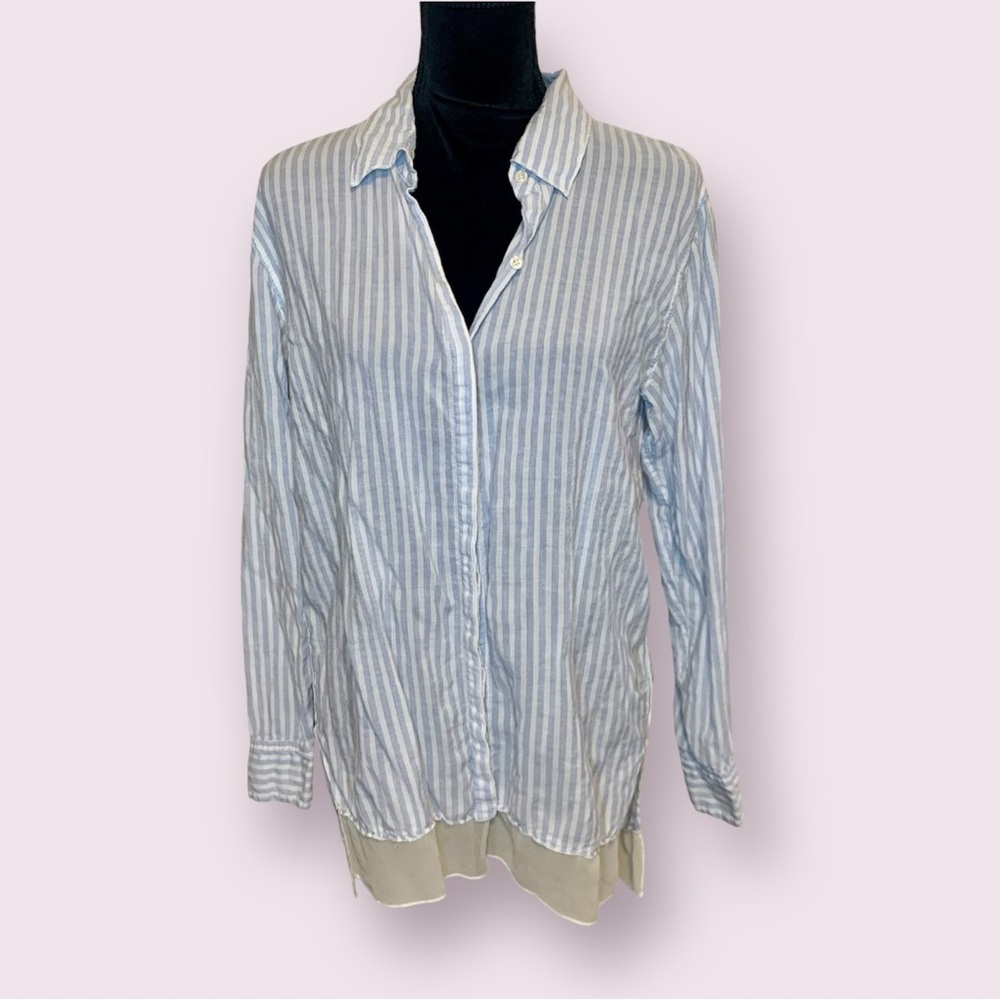 Johnny Was Striped Button Up Cotton Top Sheer Contrast Hem Blue White Size Small